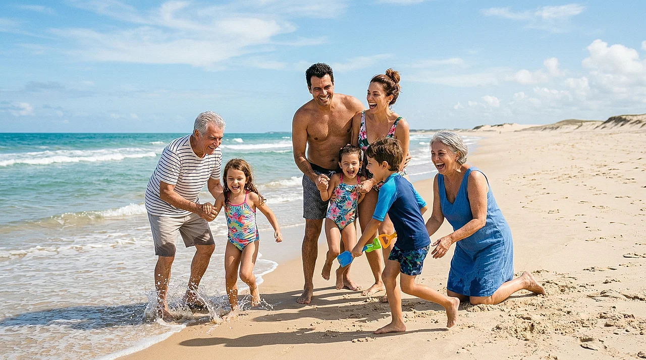Família feliz na praia